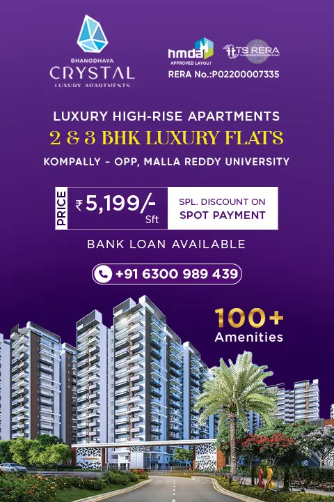 Bhanodaya Crystal Luxury Apartment by Neemsboro offering 2BHK & 3BHK Flats at Kompally, Hyderabad. Bhanodaya Crystal Heights at Kompally Hyderabad